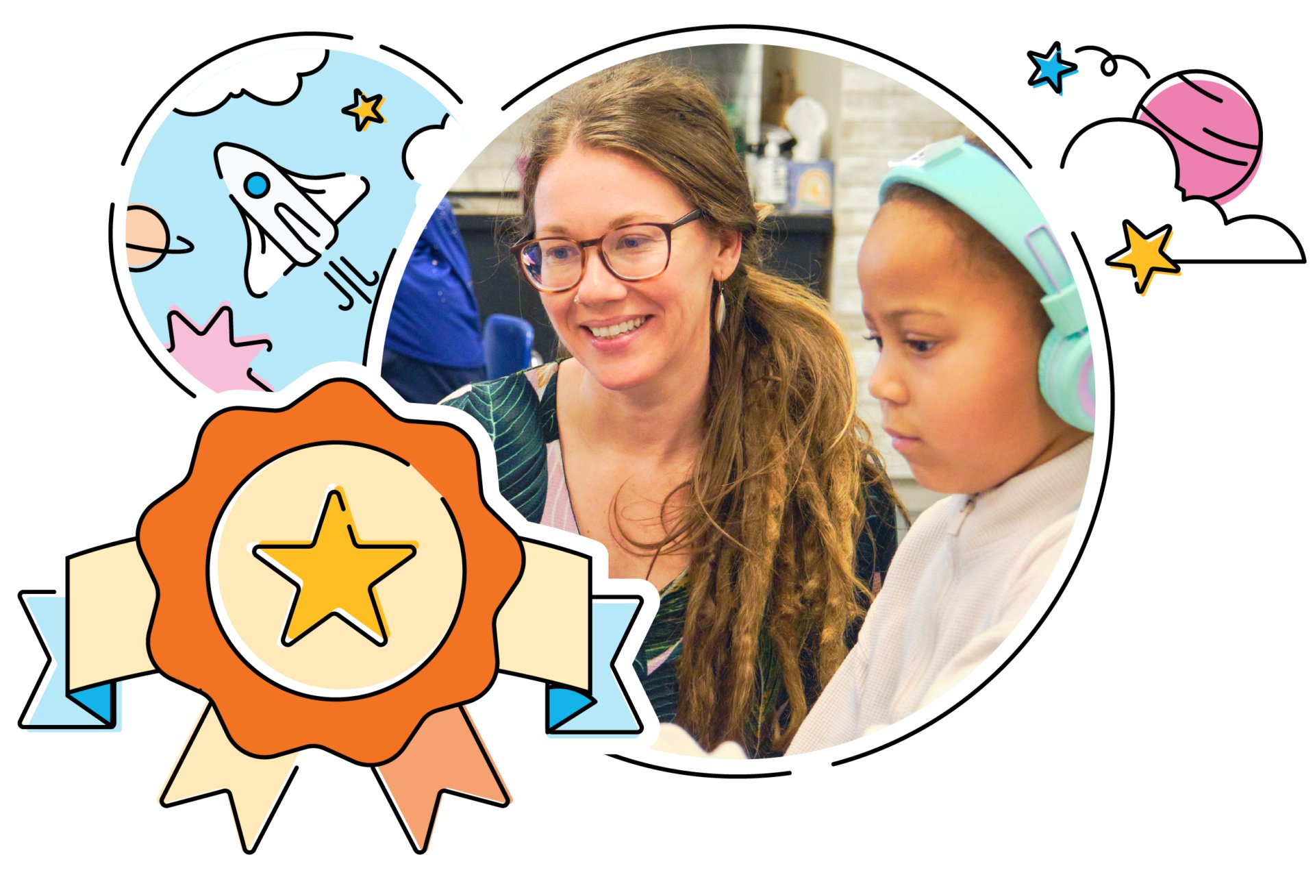 A woman and a young girl wearing headphones use a computer, surrounded by colorful doodles of a rocket, stars, and a planet while exploring the science of teaching reading.