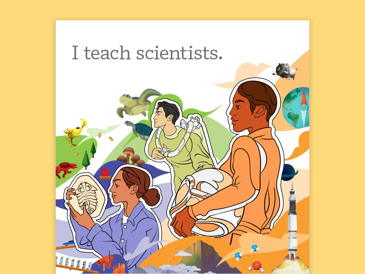 Illustration of three diverse STEM scientists, including a woman with a dinosaur fossil, another extracting a plant sample, and a man observing a flask, with a colorful, abstract background.
