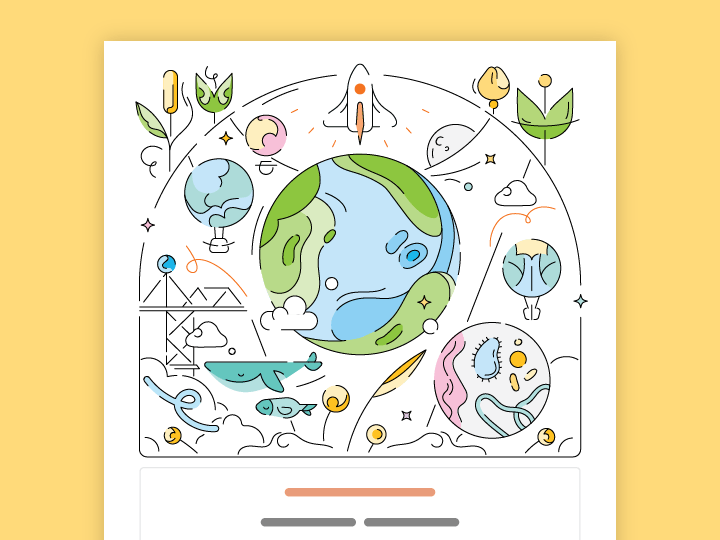 Illustration of a stylized earth surrounded by various environmental and scientific icons, including trees, animals, and energy symbols for an Earth Day poster.