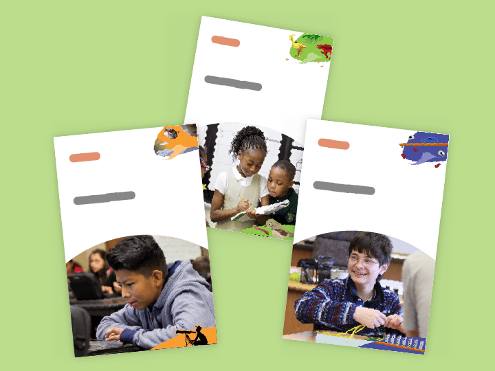 Three overlapping photos showing diverse students engaged in STEM careers and classroom activities, with colorful map graphics on the borders.