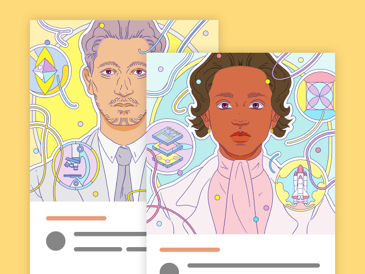 Illustration of two scientists on a yellow science poster, featuring a white man with gray hair and a black woman with curly hair, surrounded by abstract scientific symbols and equipment.