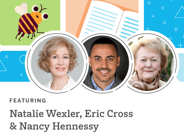 Promotional image featuring headshots of Natalie Wexler, Eric Cross, and Nancy Hennessy along with colorful graphic elements and literacy development documents.
