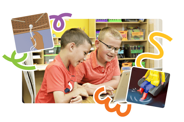 Two boys smiling while engaging with Amplify Science content on a tablet in a classroom environment; colorful graphic accents suggest a fun learning experience.