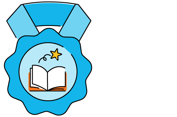 Blue ribbon award featuring an open book with a shooting star above it, symbolizing achievement in the science of reading.