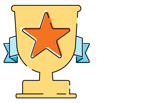 Gold trophy cup with a centered orange star and blue ribbon accents, symbolizing excellence in the science of reading, on a transparent background.