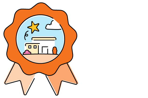 Illustration of a gold ribbon badge featuring a schoolhouse scene with a star, clouds, and the science of reading sun.