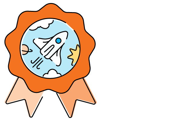 Graphic of a rocket ship ascending through clouds, encircled by a science of reading-themed blue border within an orange, ribbon-adorned badge.