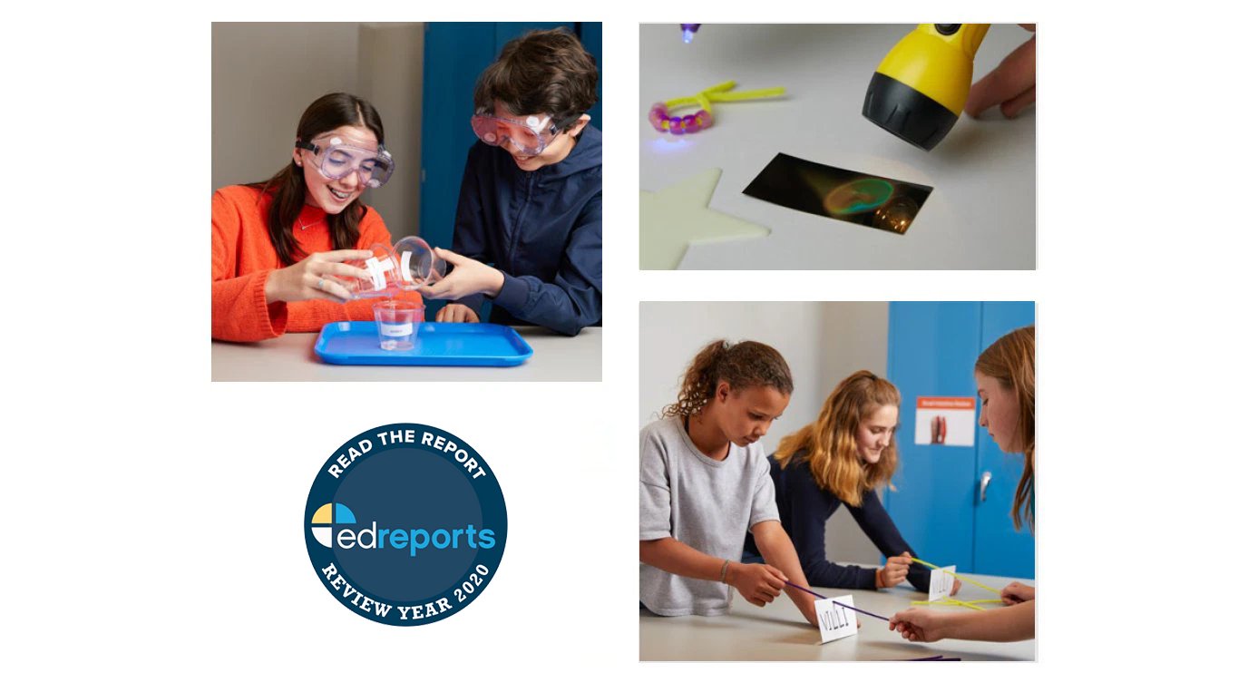 Collage of educational activities: two teens in lab goggles conducting an experiment, kids observing a solar eclipse model, and students collaborating on a project around a table.