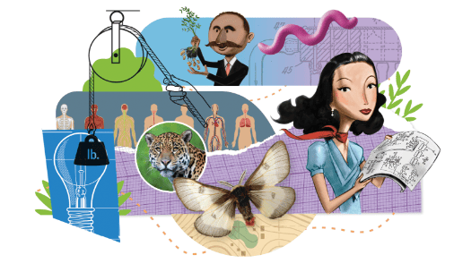 Illustration collage featuring diverse elements: a cable car, historical figures, a jaguar, a butterfly, and a woman reading a map, set against an innovative educators and nature-themed background.