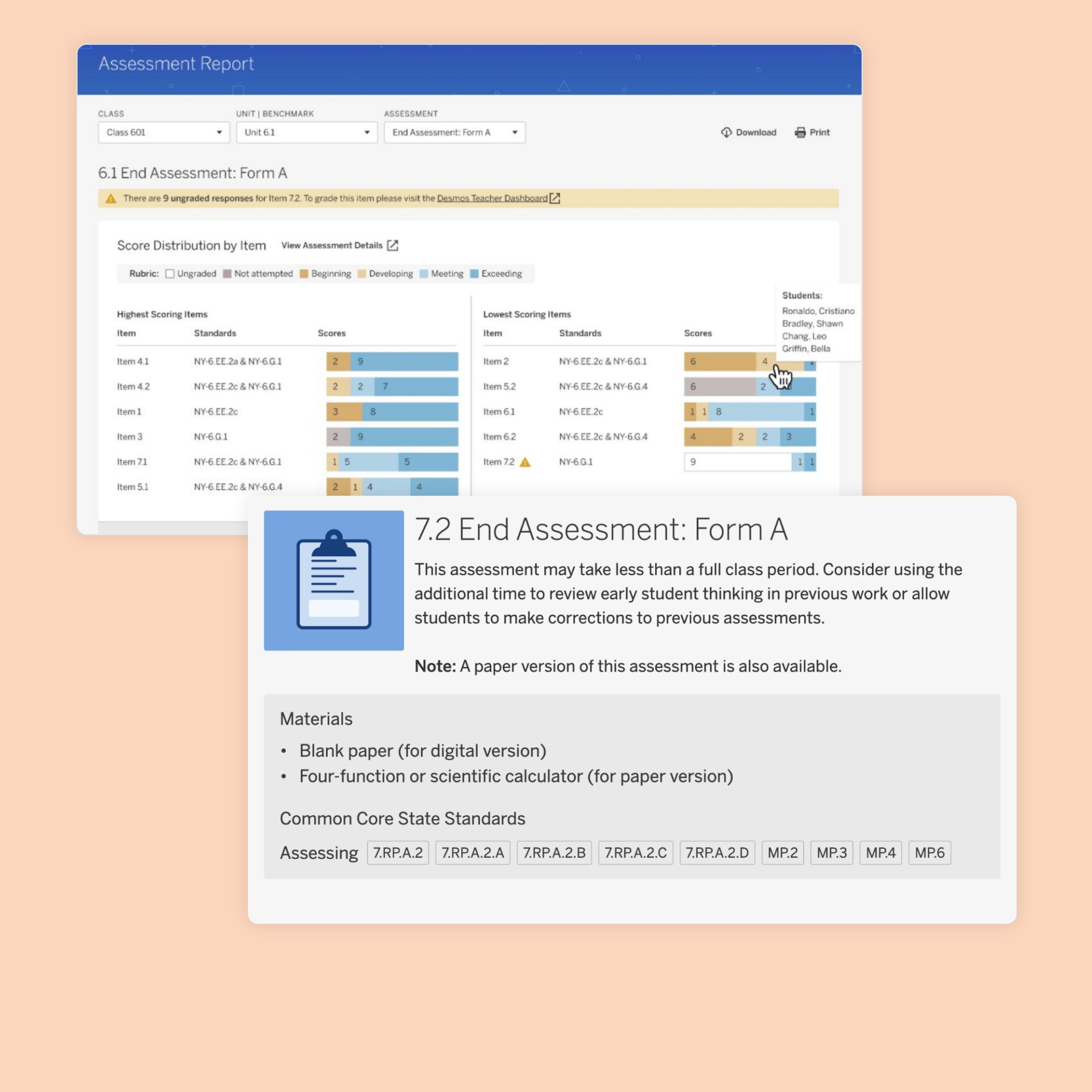 Screenshot of a digital assessment report on a computer screen, displaying tables, charts, and text sections concerning 