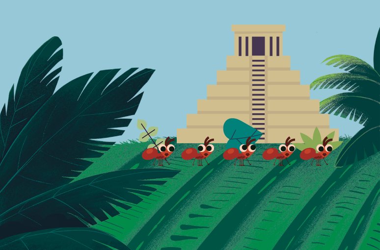 Illustration of five cartoon ants carrying leaves in front of a stylized Mayan pyramid, surrounded by lush green foliage as part of the Back to School Amplify program.