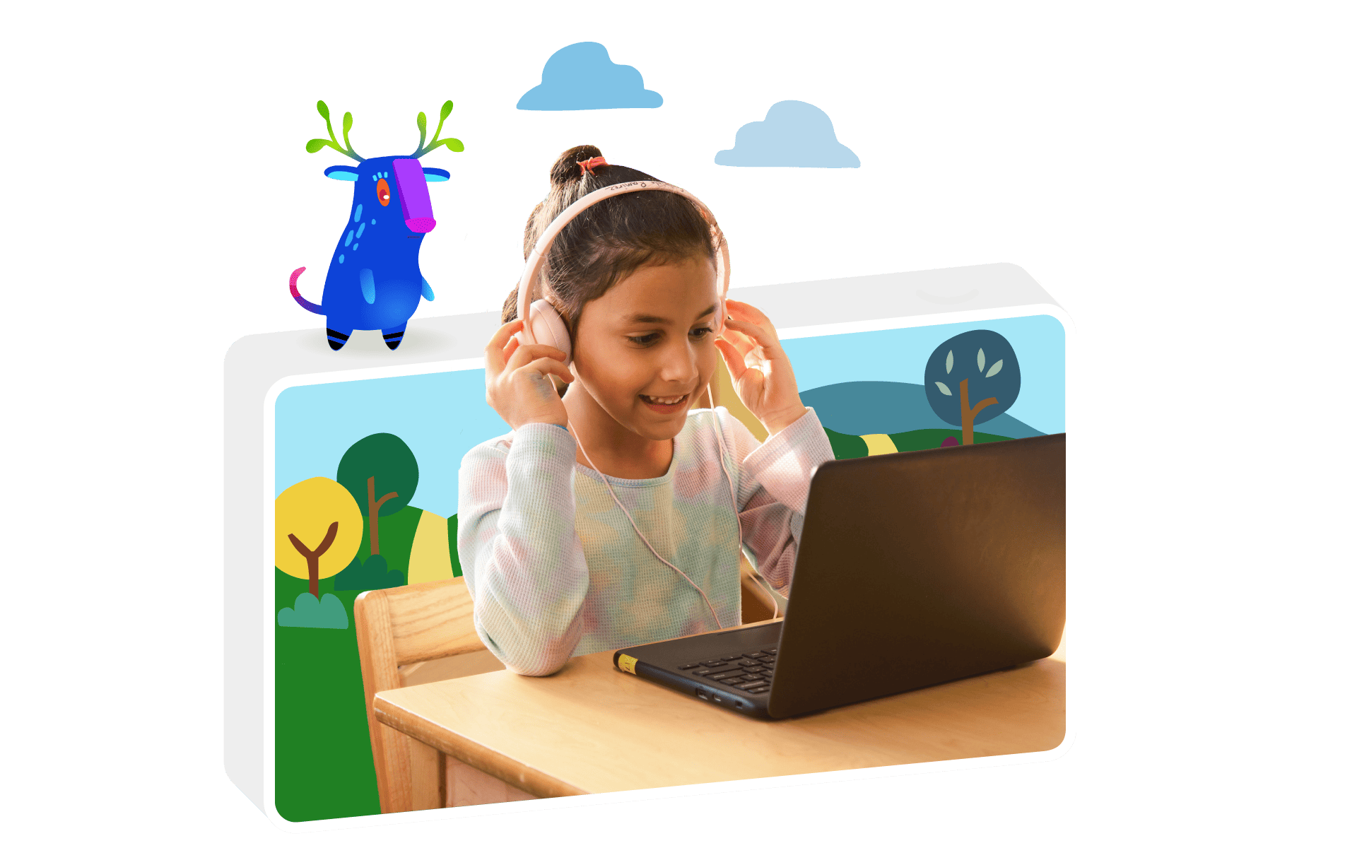 Young girl with headphones using a laptop at a desk to boost reading skills, with a whimsical illustration of a blue creature and trees in the background.