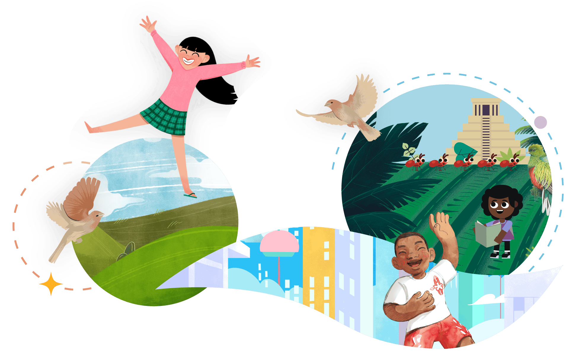 Illustration showing three scenes of joy: a girl extending arms in nature with birds, a boy painting with a woman in a city demonstrating CKLA methods, and colorful houses on a tropical hill