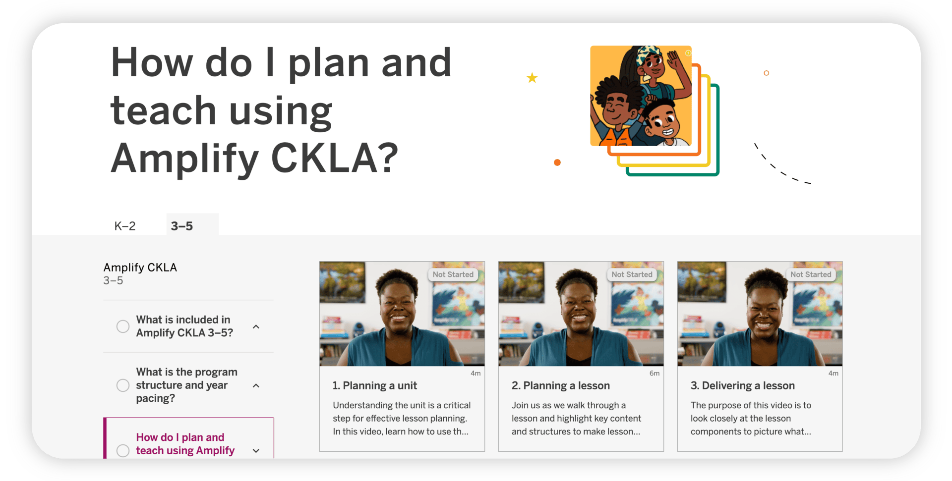 Screenshot of a digital tutorial on using new features in Amplify CKLA, featuring a main menu and video thumbnails with an instructor speaking.