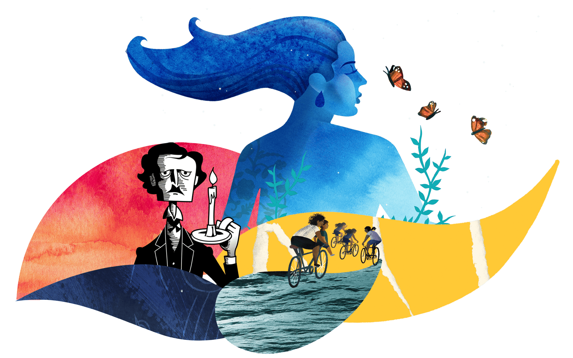 Illustration of a woman's profile with a cosmic theme, featuring various exciting updates including a man in a boat, people biking on a path, and butterflies near the woman's face.