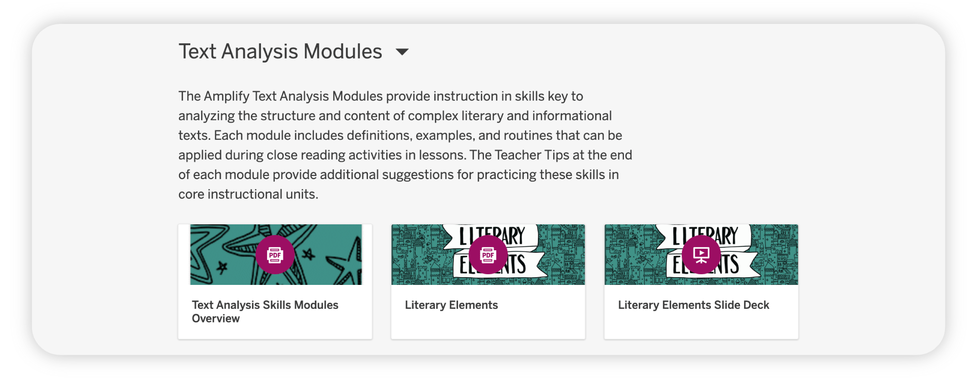 Three labeled icons of educational modules on text analysis: 