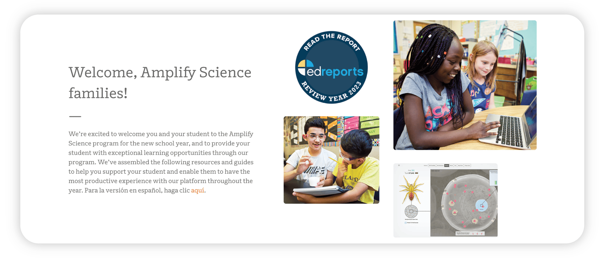 Webpage banner featuring text 'Welcome, Amplify Science families!' and two images: one of a teacher with two K—5 students looking at a book, and another of a student using a laptop