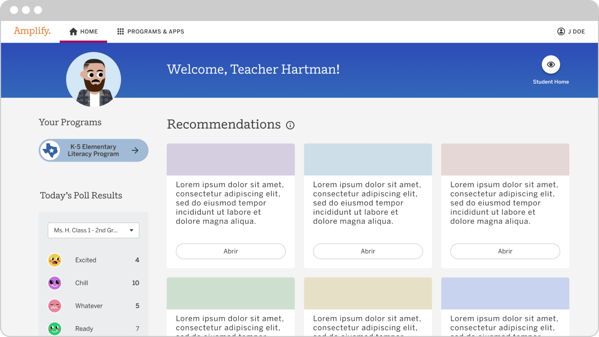 Educational software interface displaying a user profile with a teacher avatar, program recommendations, and various educational resources, including CKLA and notifications for classroom use.