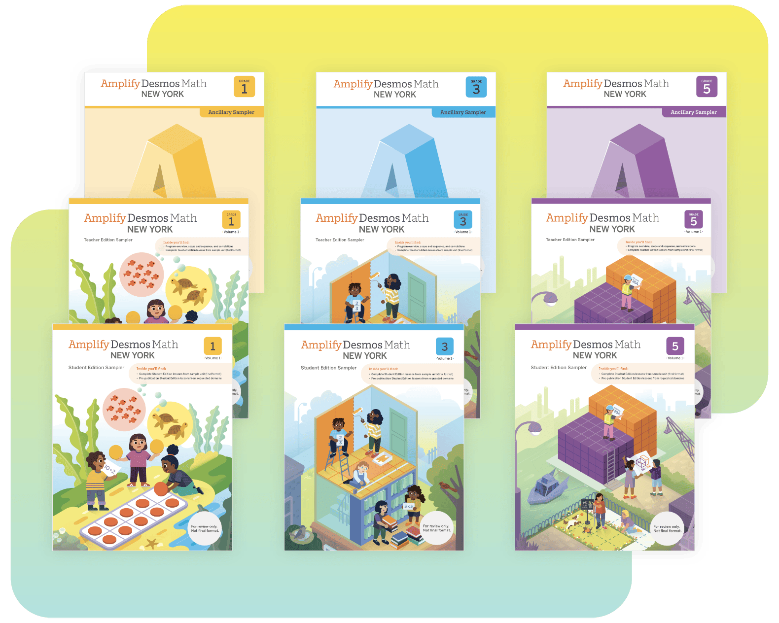 Three colorful educational posters showing different math concepts being taught in classrooms across New York, each with a distinct age group and activity setting.