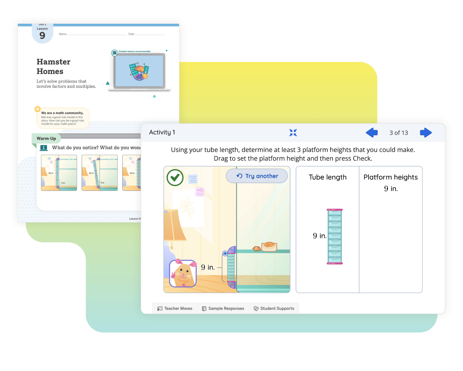 Educational software interface featuring a New York math problem about measuring platform heights using a 9-inch tube, illustrated with a playful, colorful design.
