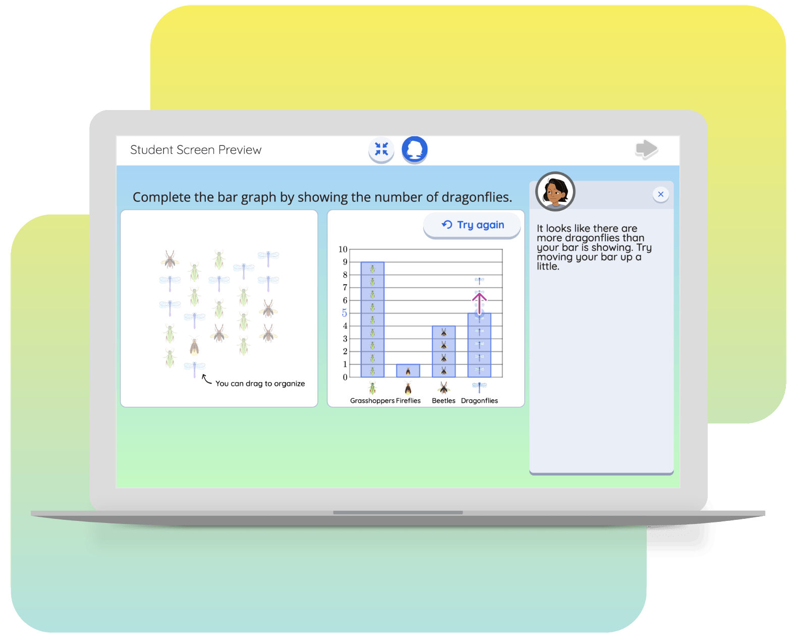 Educational software on a laptop screen showing a student activity to complete a bar graph by categorizing dragonflies, designed for the New York math curriculum.