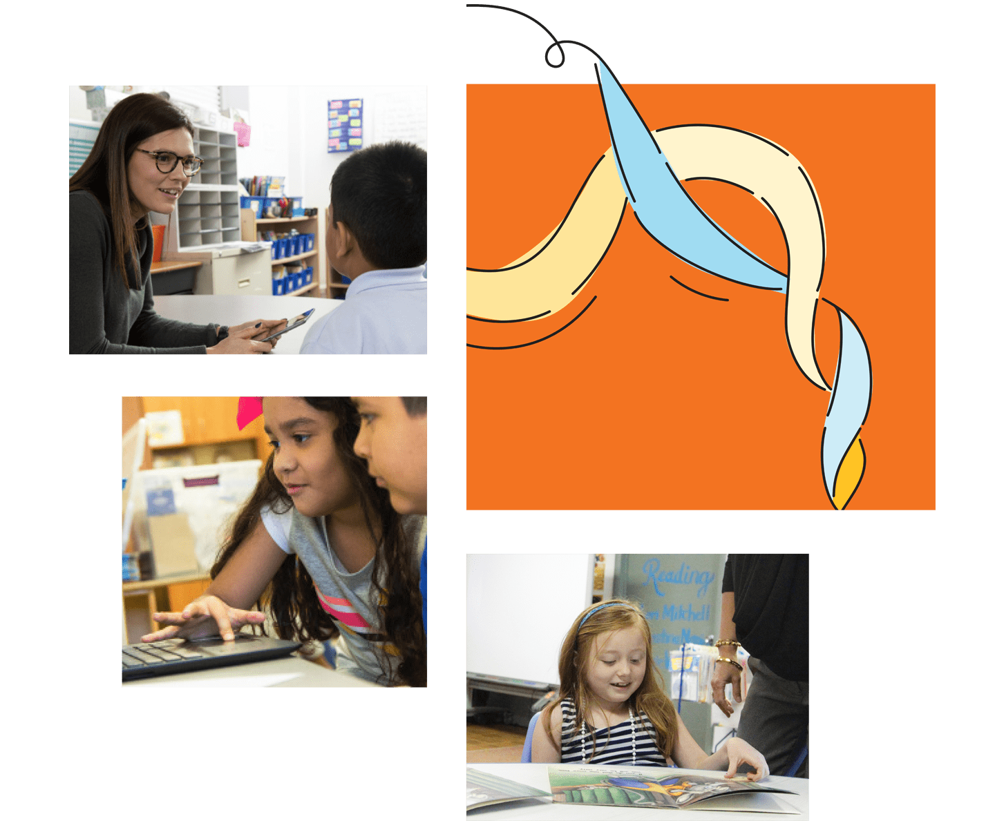Four-panel collage displaying various early literacy suite scenarios: a teacher with two students at a desk, children reading together, a girl reading with an adult, and a stylized image of flowing hair on an