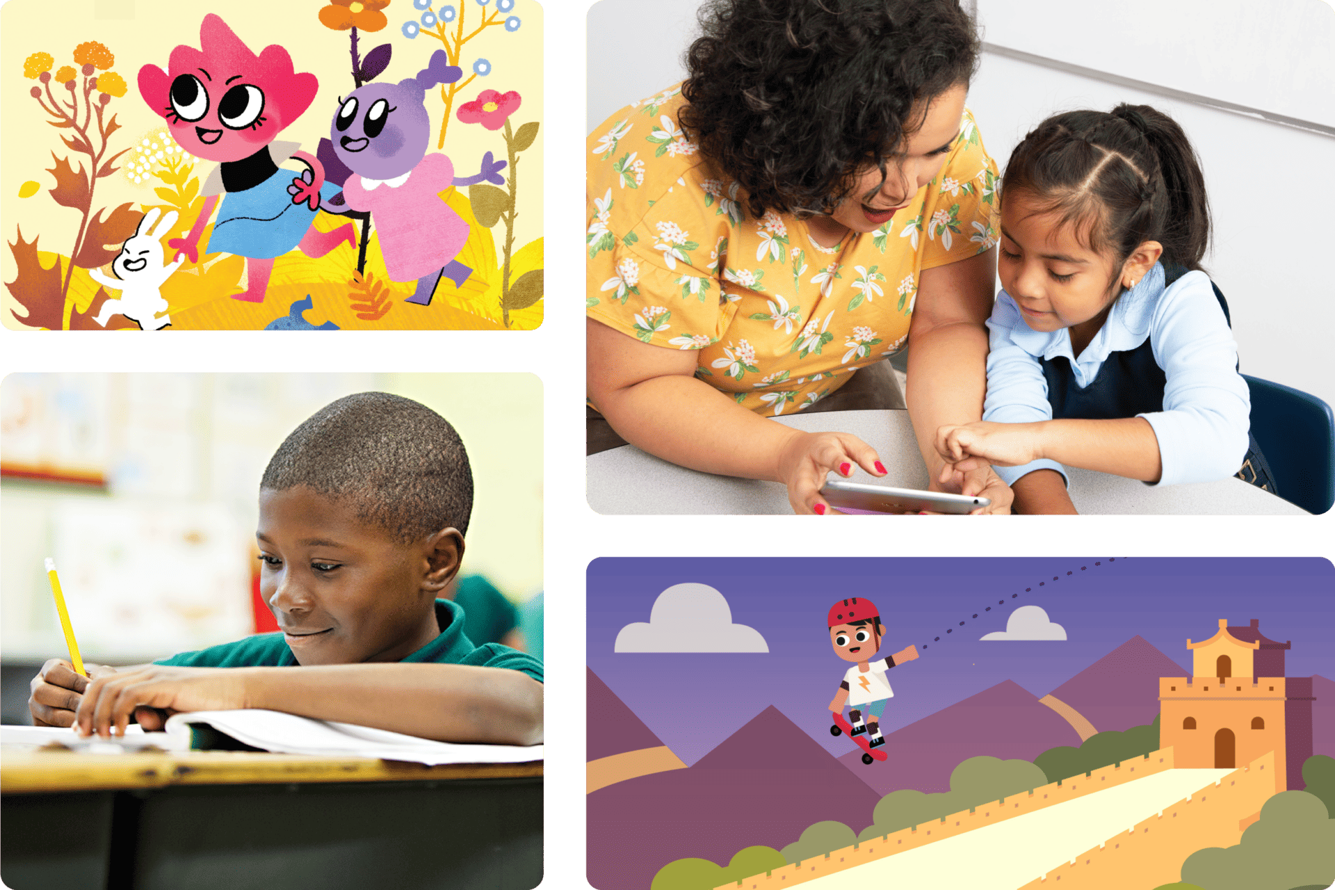 Collage of four images: cartoon animals in a forest promoting early literacy, a teacher assisting a student on a tablet, a boy writing in a notebook, and an animated character skateboarding by a castle