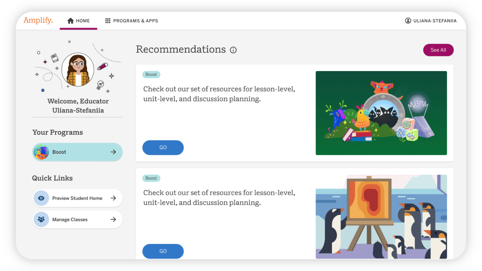 A digital educational platform interface featuring user uliana-stefania, two 'boost reading' program tiles displaying children’s educational content focused on reading skills, and quick access links on the left.