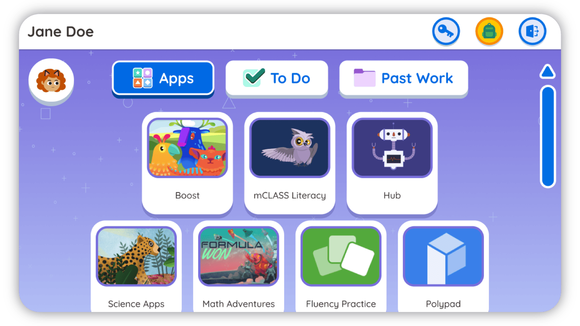 Educational interface featuring user 'Jane Doe' and various colorful app icons like 'Boost Reading', 'mclass literacy', 'hub,' and others labeled 'science apps', 'math adventures', ‘flu