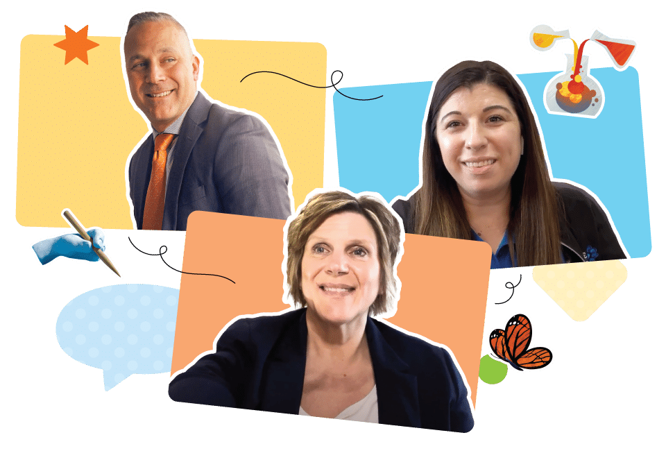 Three professionals smiling in a playful collage with doodles and colorful backgrounds, incorporating elements like a butterfly and teacher connections.