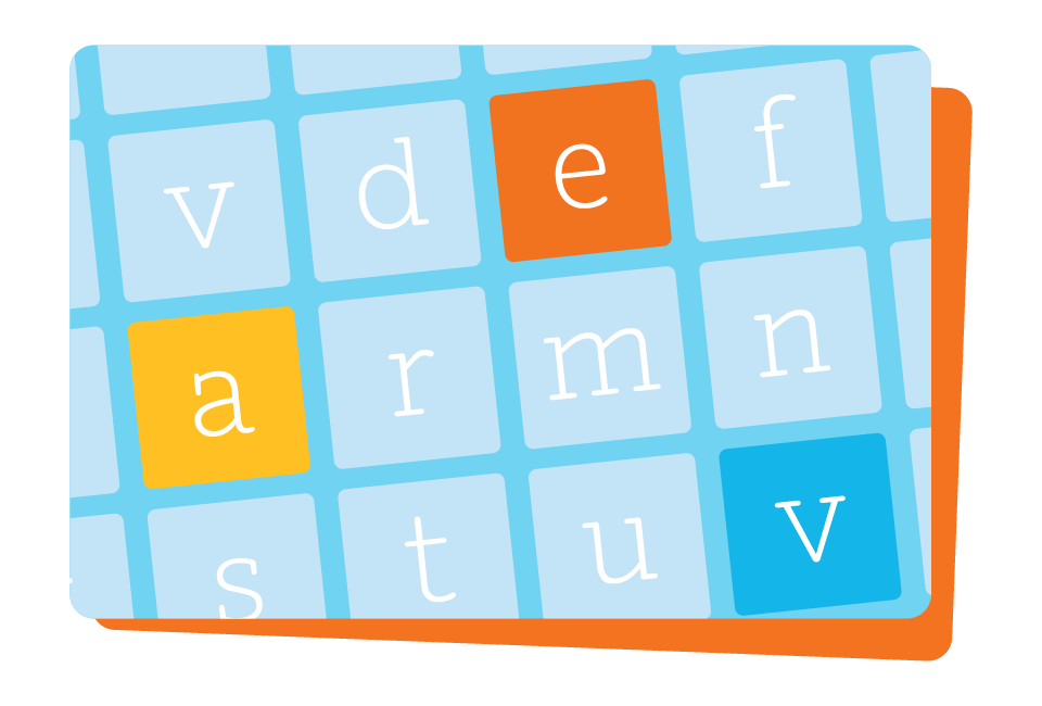 Illustration of a colorful keyboard with letters scattered randomly and three keys highlighted in orange, yellow, and blue representing dyslexia.