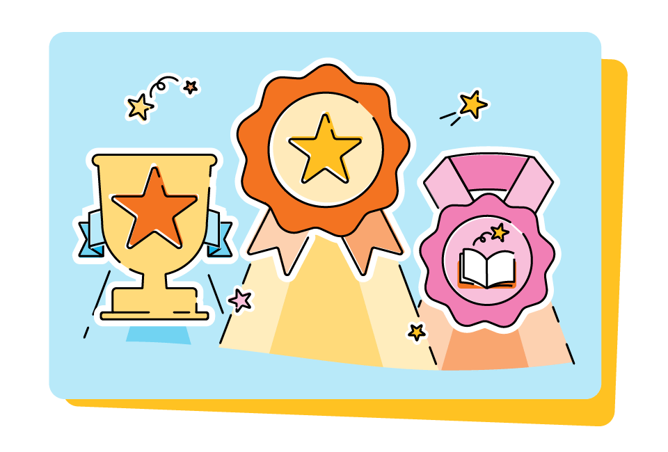 Illustration of three award icons: a golden trophy, an orange star medal, and a pink ribbon medal, each adorned with stars and representing various Science of Reading Star teacher awards.