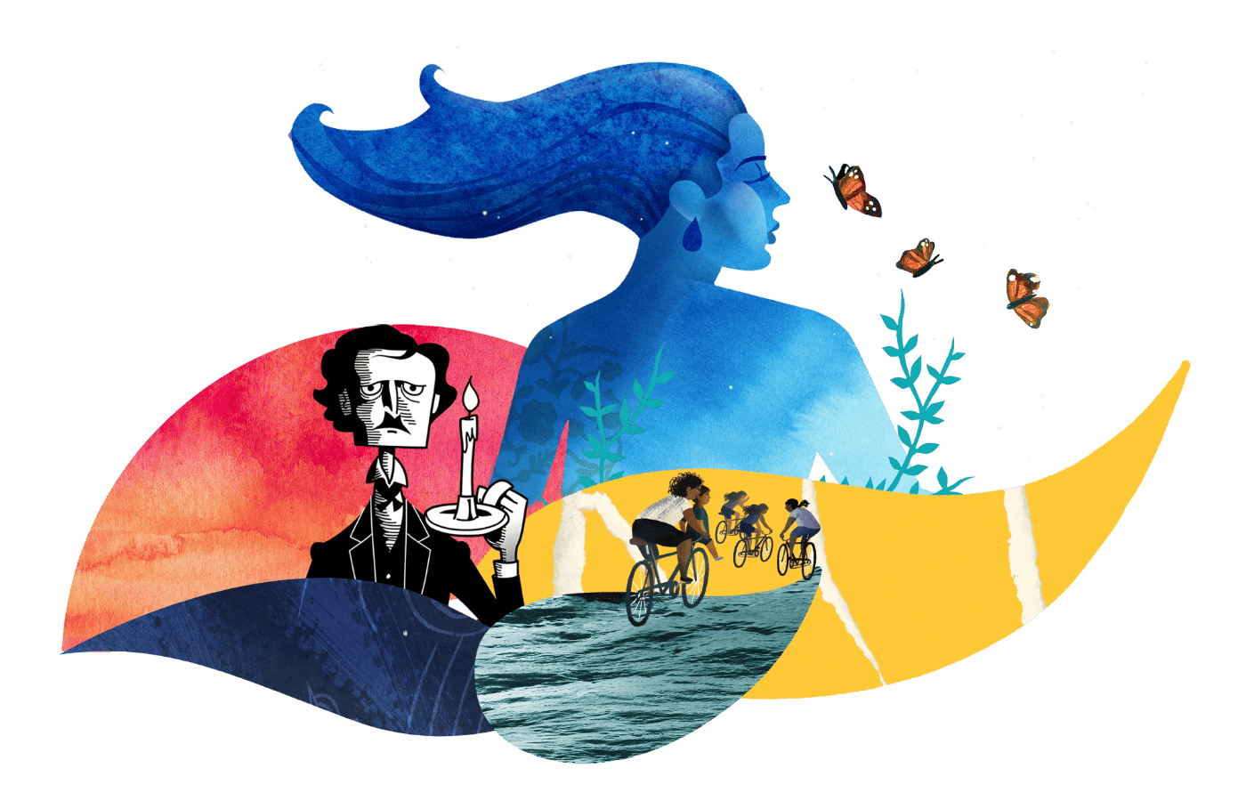 A surreal collage features a blue woman with flowing hair, a man holding a candle, cyclists by the ocean, butterflies, and abstract shapes. Amplify ELA elements are seamlessly integrated, enhancing textures and sparking curiosity for exciting updates ahead.