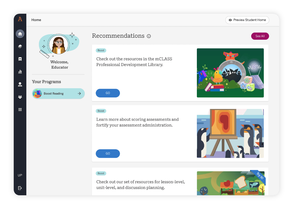 Screenshot of an educator dashboard showing recommendations with descriptions, images, and