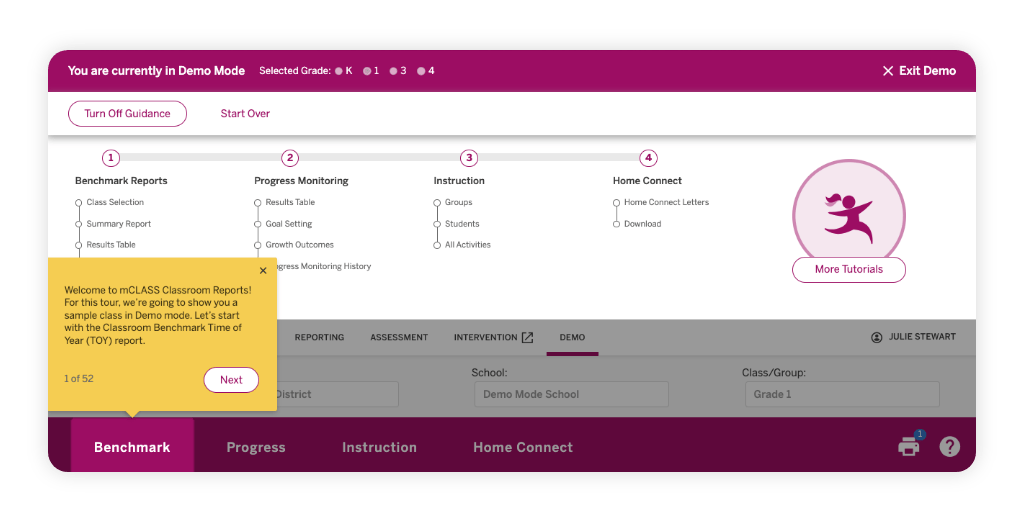 Screenshot of an educational software interface in demo mode, highlighting the 'Benchmark' tab with a yellow popup guiding the user to select the Classroom Benchmark report. Features such as mCLASS Lectura are shown as coming soon.