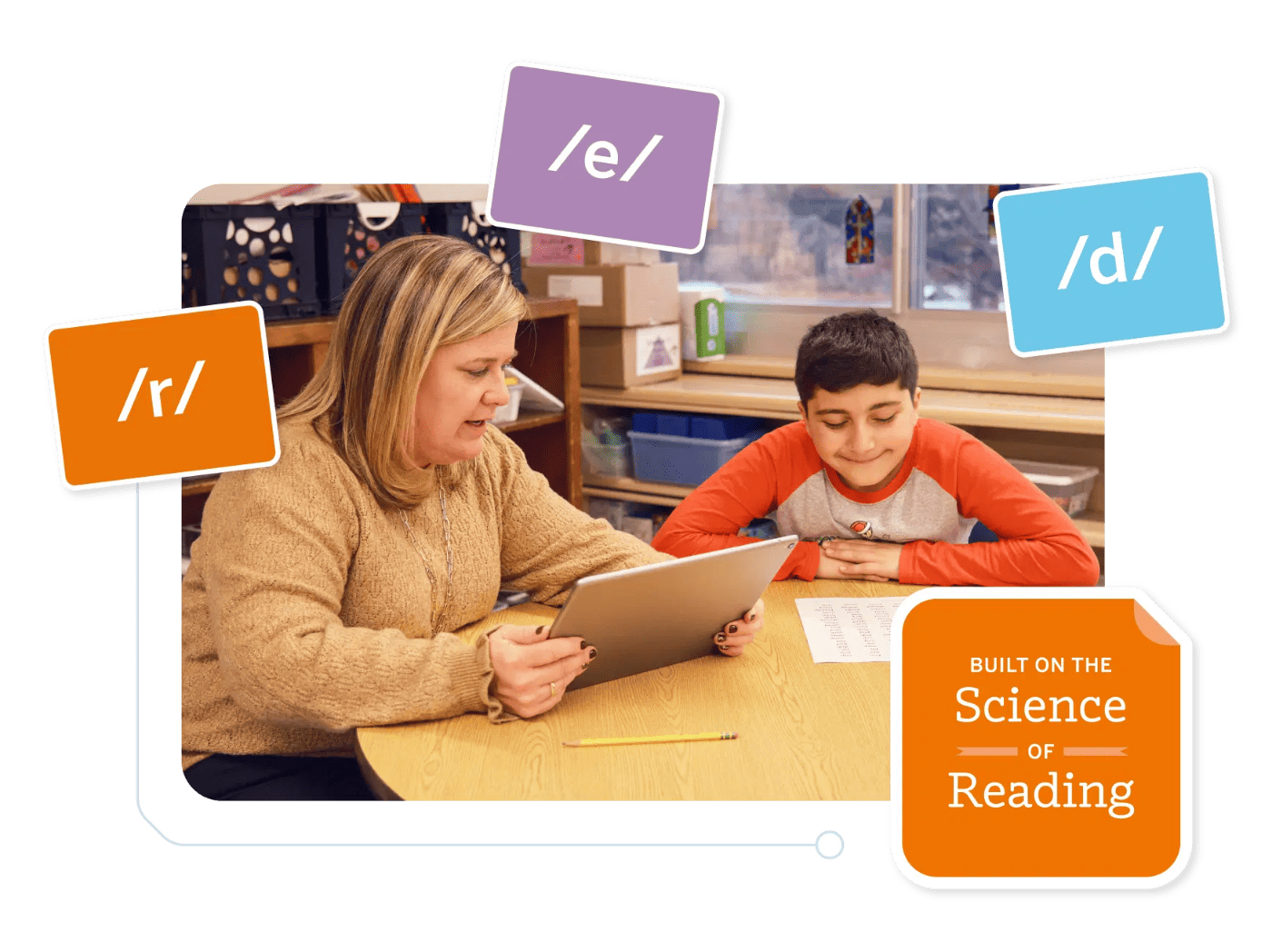 A teacher and a student sit at a table with a tablet, surrounded by phonetic symbols. A text overlay reads,