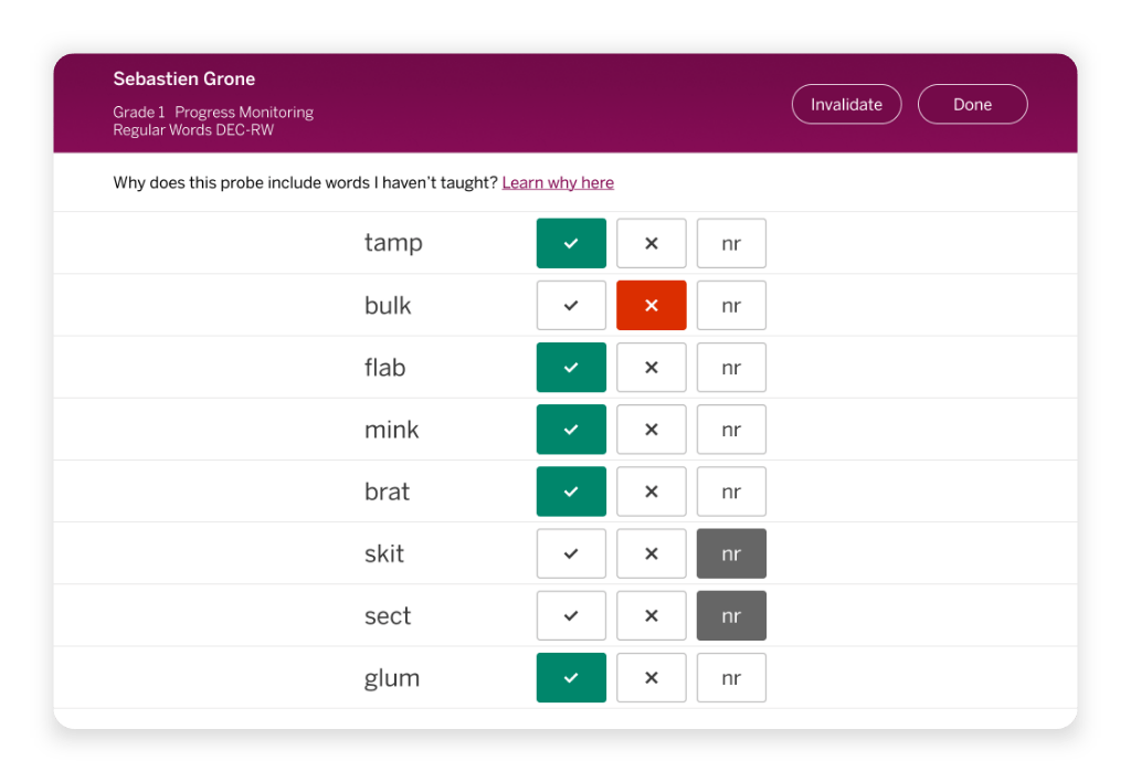 A table of words with checkmarks, a cross, and