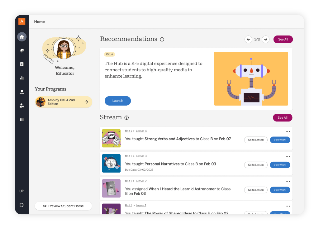 A dashboard interface displays user info, CKLA recommendations with a robot graphic, and a scrollable stream of upcoming K–5 class lessons and activities on the right, highlighting new features.