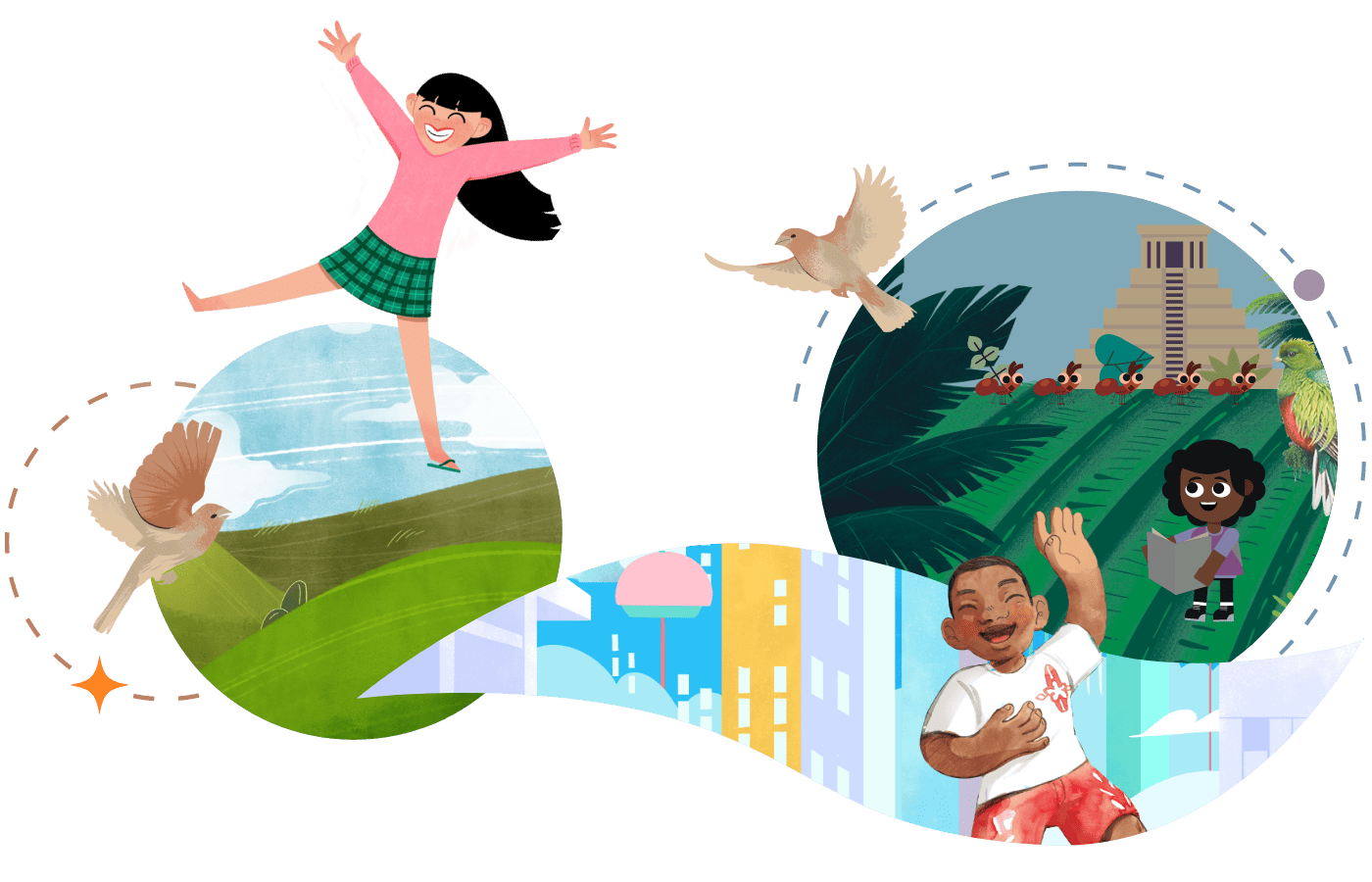 Illustration of children engaging in outdoor activities, with birds, greenery, a cityscape, and a school building, highlighting CKLA’s new features and representing active, diverse environments.