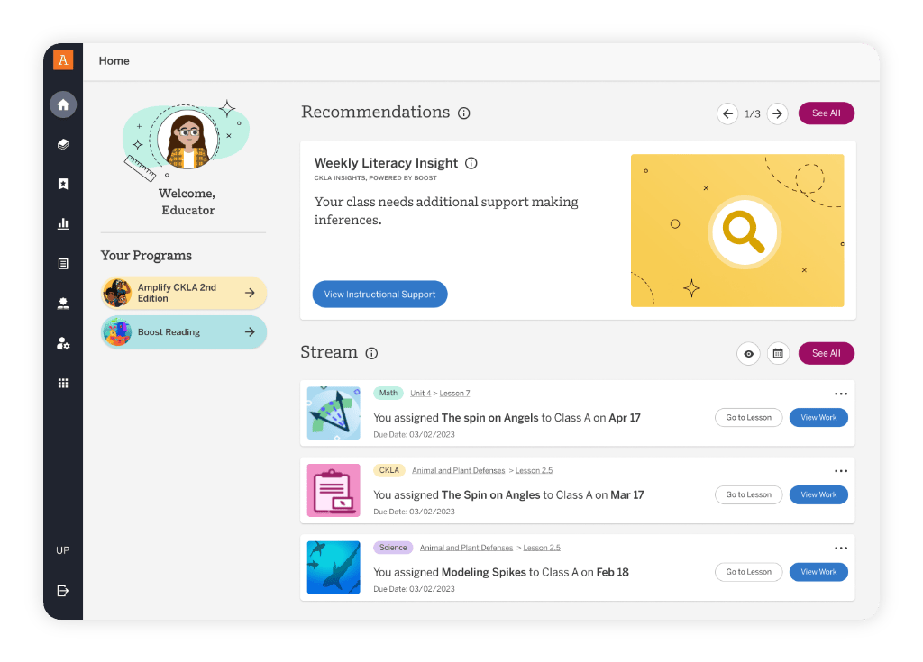 A classroom dashboard displays a welcome message, program links like CKLA, a recommendations section, and a stream of recent assignment activity—with new features to view or assign work.