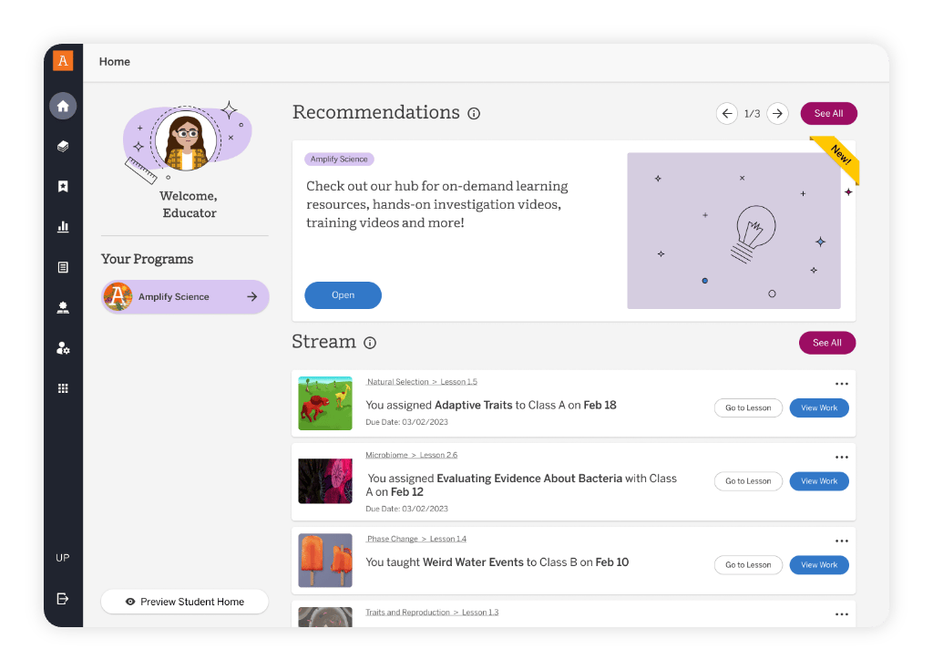 A dashboard interface for educators shows a welcome message, program menu, recommendations section, and a stream of assigned science lessons with