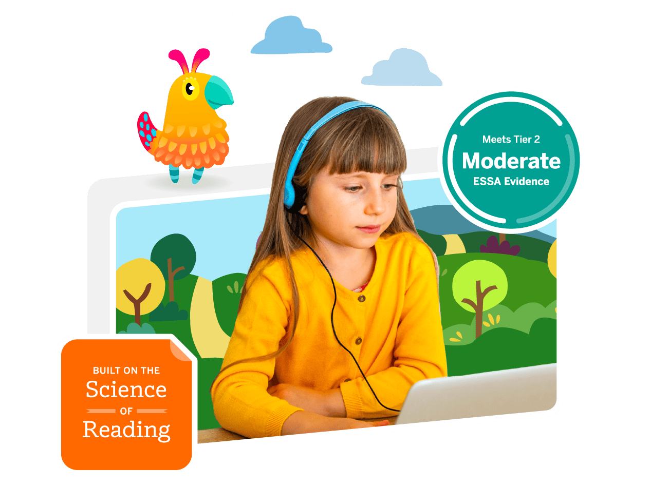 A child wearing headphones sits in front of a laptop, embodying the vibrant curiosity fostered by the Catholic school curriculum. The image features a colorful bird illustration and badges stating