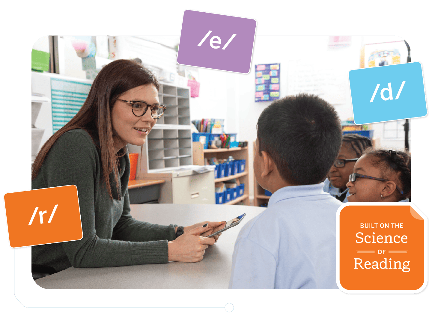 In a Catholic school classroom, a teacher with glasses sits at a desk, holding a tablet and engaging with three children. Floating above them are colored cards featuring phonetic symbols: /e/, /d/, and /r/, seamlessly blending into the Catholic education curriculum.