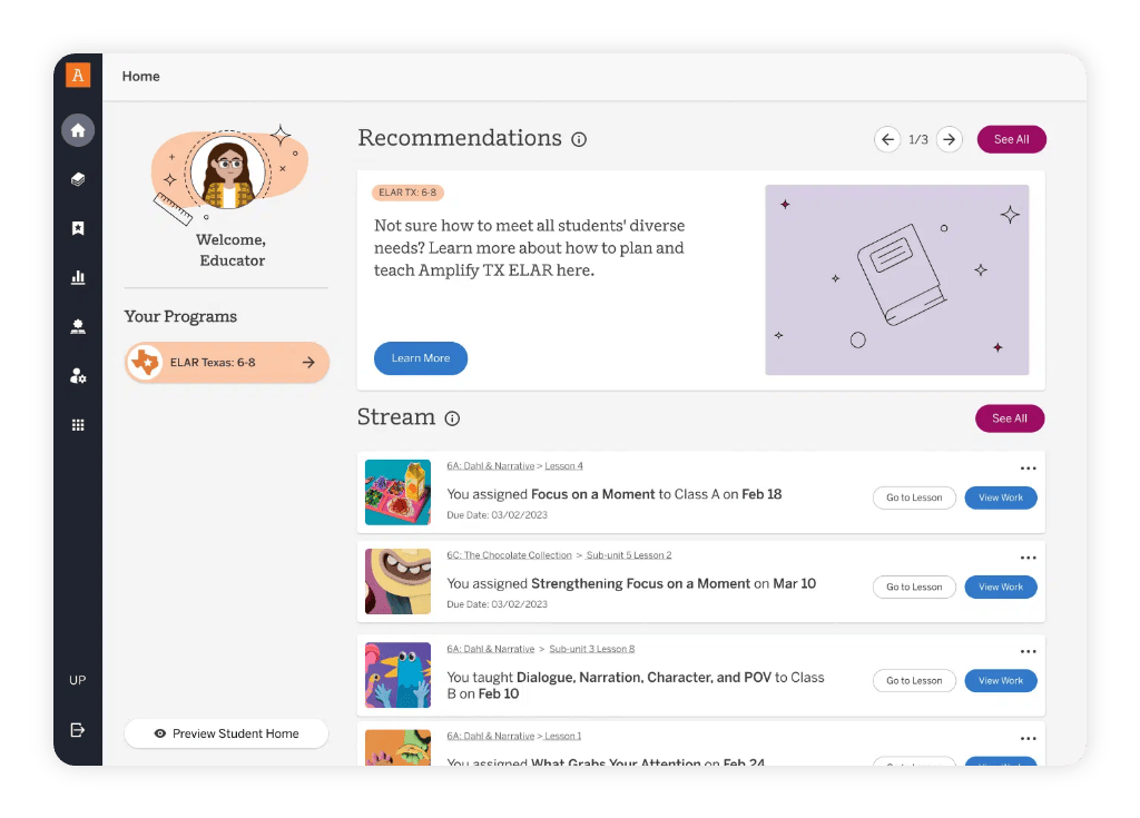 A teacher's dashboard displays a welcome message, ELAR lesson program, exciting updates, recommendations section, and a stream of recent class assignments and activities. Plus, Amplify ELA coming soon!.