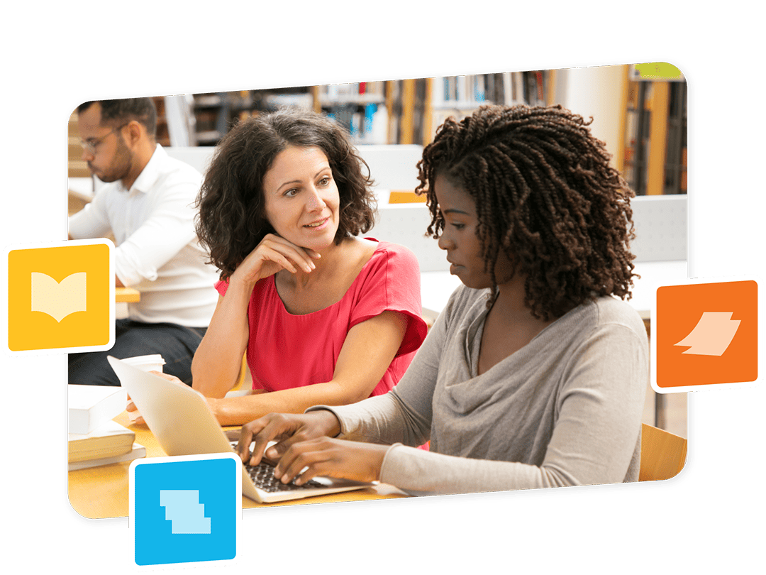 Two women sit at a table in a library, one typing on a laptop while the other discusses science of reading training; a man works in the background. Colorful illustrated icons frame the image.